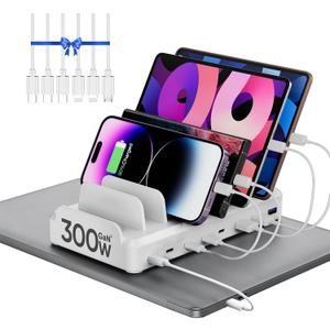 300W Charging Station for Multiple Devices, 8 Port Multi USB C Fast Charger Station Dock for MacBook iPhone 16/15/14/13/12 Samsung Pixel Series iPad, White (6 Mixed Short Cables Included)