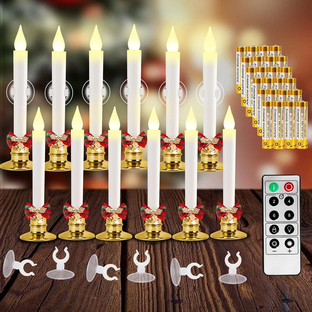 Kithouse Set of 12 Flameless Candles-Window Candles-LED Battery Operated Candles,with 24 AA Batteries,10-Key Remote and Daily Timer,Window Suction Cups,Gold Removable Holders,Christmas Bow