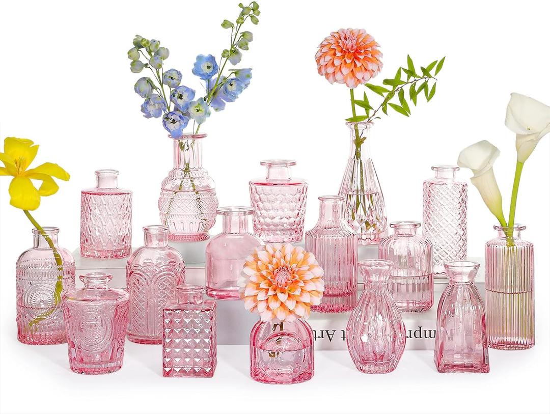 SUPMIND Glass Bud Vase Set of 16, Small Pink Flower Vases for Table Centerpieces in Bulk, Cute Mini Vintage Vase for Wedding, Home Decor, Table Decoration