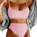 Lilosy High Waisted Tummy Control Ribbed Bikini Crop Top Brazilian Swimsuit Set 2 Piece (XX-Large, Pink)