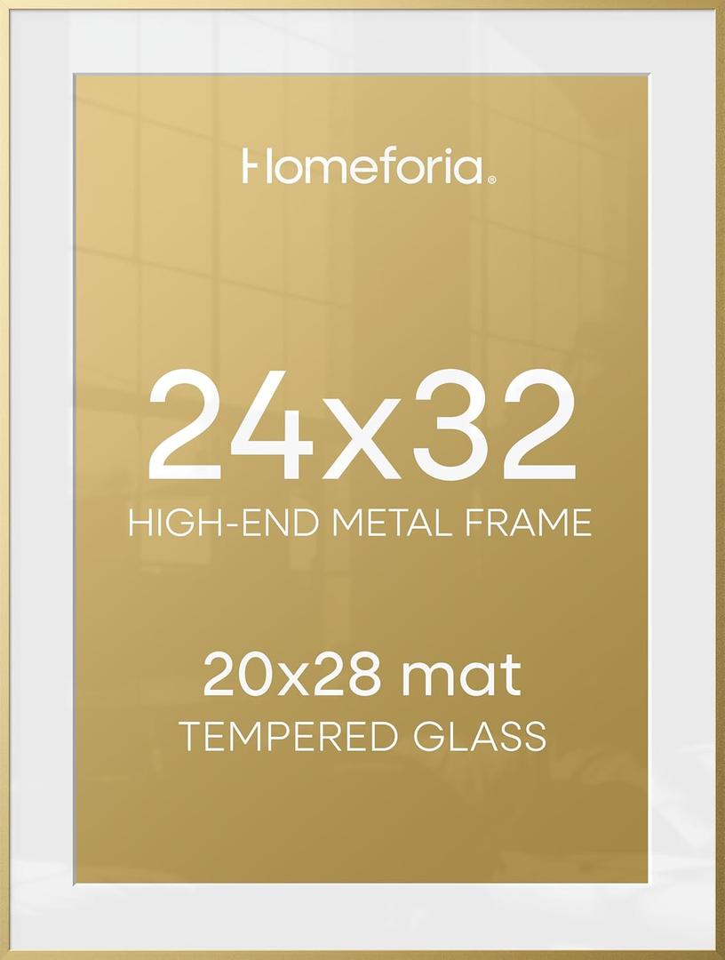 Homeforia 24x32 Poster Frame Gold, High End Metal 24 x 32 Large Picture Frames with Mat 20 by 28 for Photo, 24x32 Gold Frame Matted to 20x28 inch Print, 32x24 Frame, Tempered Glass, Wall Kit, Set of 1