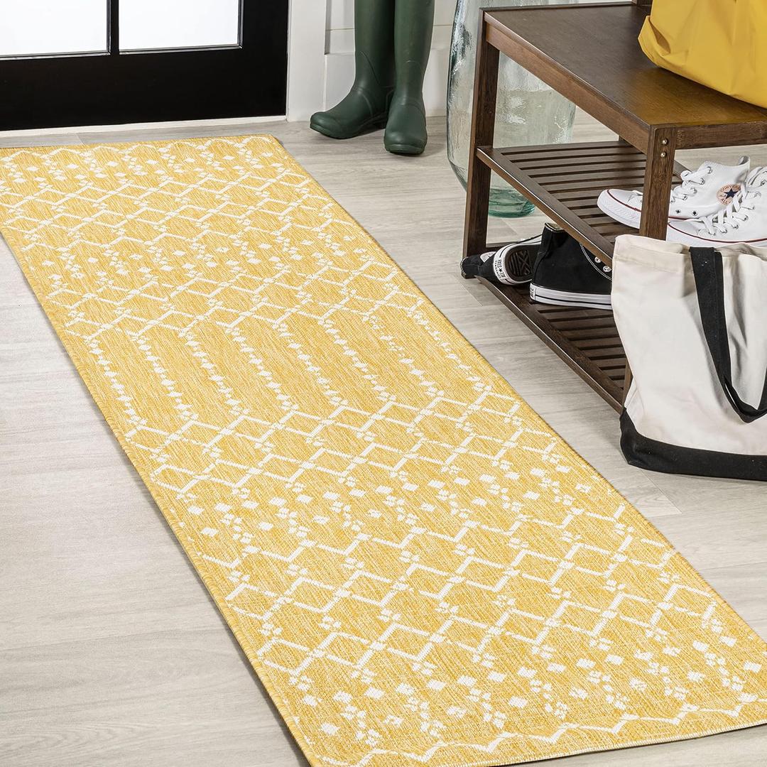 JONATHAN Y Moroccan Geometric Indoor Outdoor Runner Rug 2X10 Yellow/Cream, Ourika Textured Weave for Backyard, Patio, Porch, Easy-Cleaning, High Traffic, Pet-Friendly, Non-Shedding (SMB108G-210)