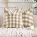 CARRIE HOME Brown Gingham Checkered Throw Pillow Covers 18x18 Set of 2, Neutral Modern Farmhouse Dark Brown Khaki Outdoor Pillows 18 x 18 for Porch Patio Furniture (No Pillow Inserts)