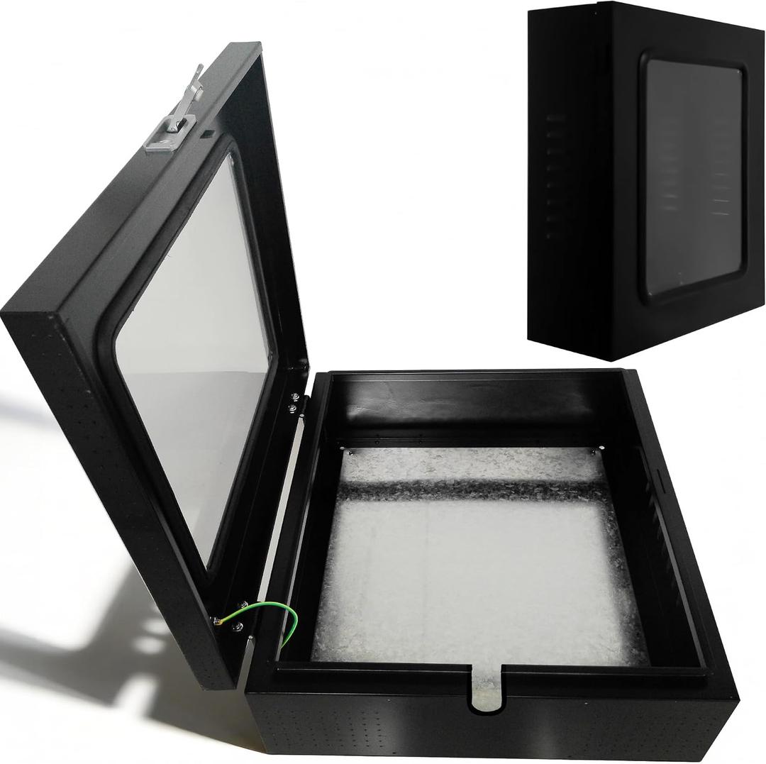 EV Charger Enclosure IP65 1.0mm Steel 23.6x19.6x7.8 | Universal wall-mounted metal cabinet fits Tesla and home electric vehicle chargers. Features tempered glass and vented base.