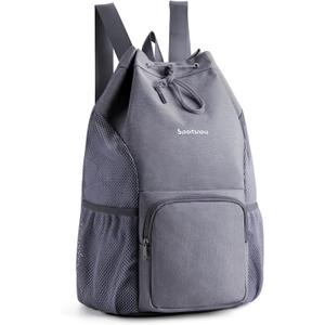 sportsnew Swim Bag Mesh Beach Drawstring Backpack with Wet Pocket, Drawstring Bag for Swimming, Gym, Pool, Workout Gear, Beach Volleyball Backpack for Women Men (Grey), 17.7*16 inch