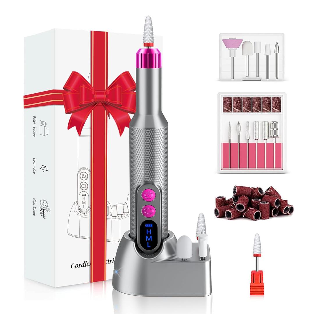 Nail Drill, Cordless Electric Nail Filer Professional E-File Nail Drill Kit for Acrylic, Gel Nails, Manicure Pedicure Polishing Shape Tools Design for Home Salon Use Gray