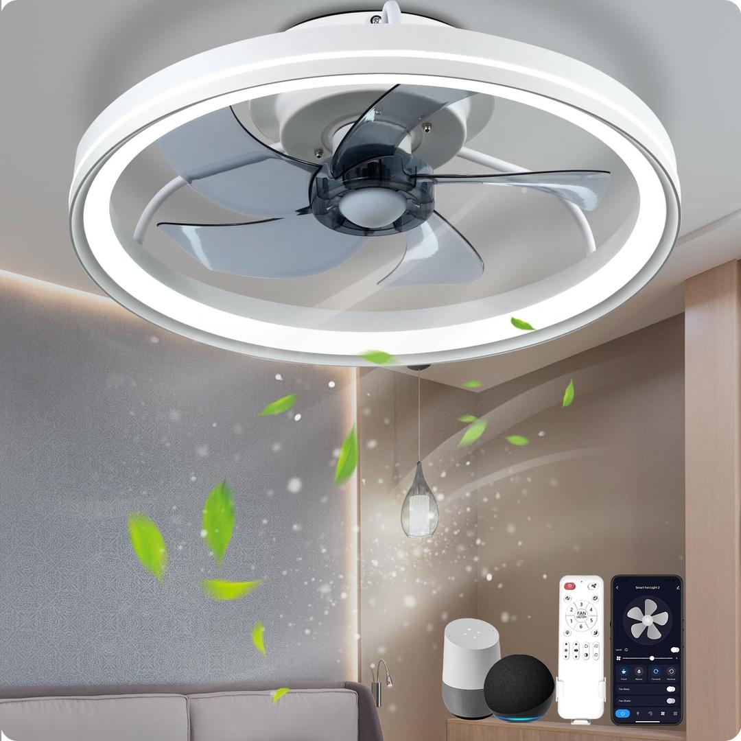 WiFi Low Profile Ceiling Fan With Light, White Bladeless Ceiling Fan Compatible with Alexa and Google Assistant, Smart 3 LED Color 6 Speeds Reversible Flush Mount Ceiling Fans With Lights