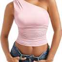 SUUKSESS Women Double Lined Going Out Trendy Crop Tops Ruched Sleeveless Shirts (Pink, M)