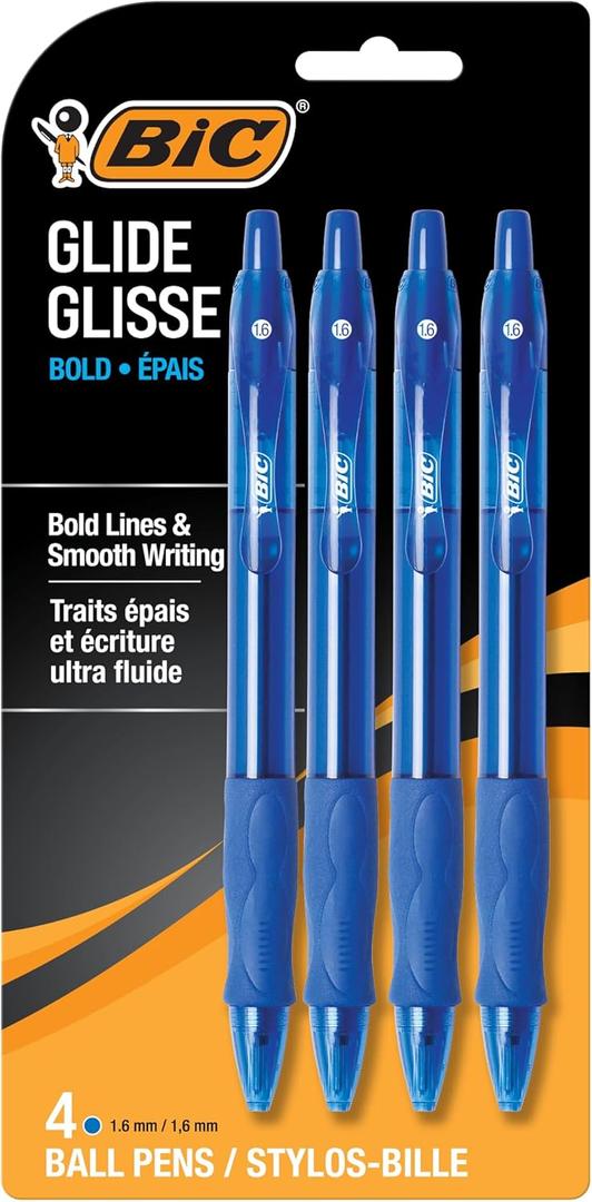 BIC Glide Bold Blue Ballpoint Pens, Bold Point (1.6mm), 4-Count Pack, Retractable Ballpoint Pens With Comfortable Full Grip