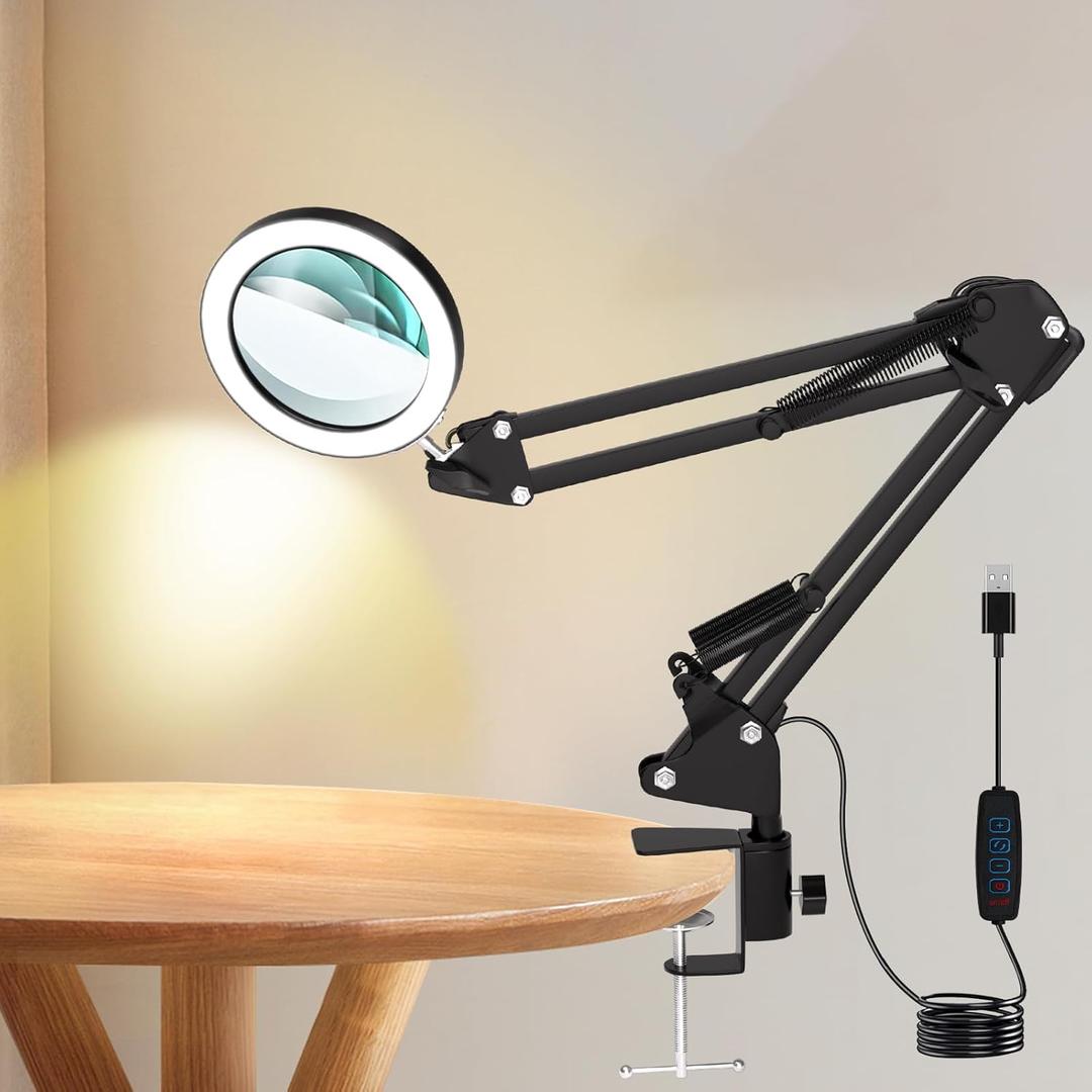 10X Magnifying Glass with Light Clip on Mganifier with Light 3 Color Modes 56 LEDs Stepless Dimmable Desk Magnifying Glass with Clamp Magnifying Desk Lamps with Swing Arm for Reading Close Work