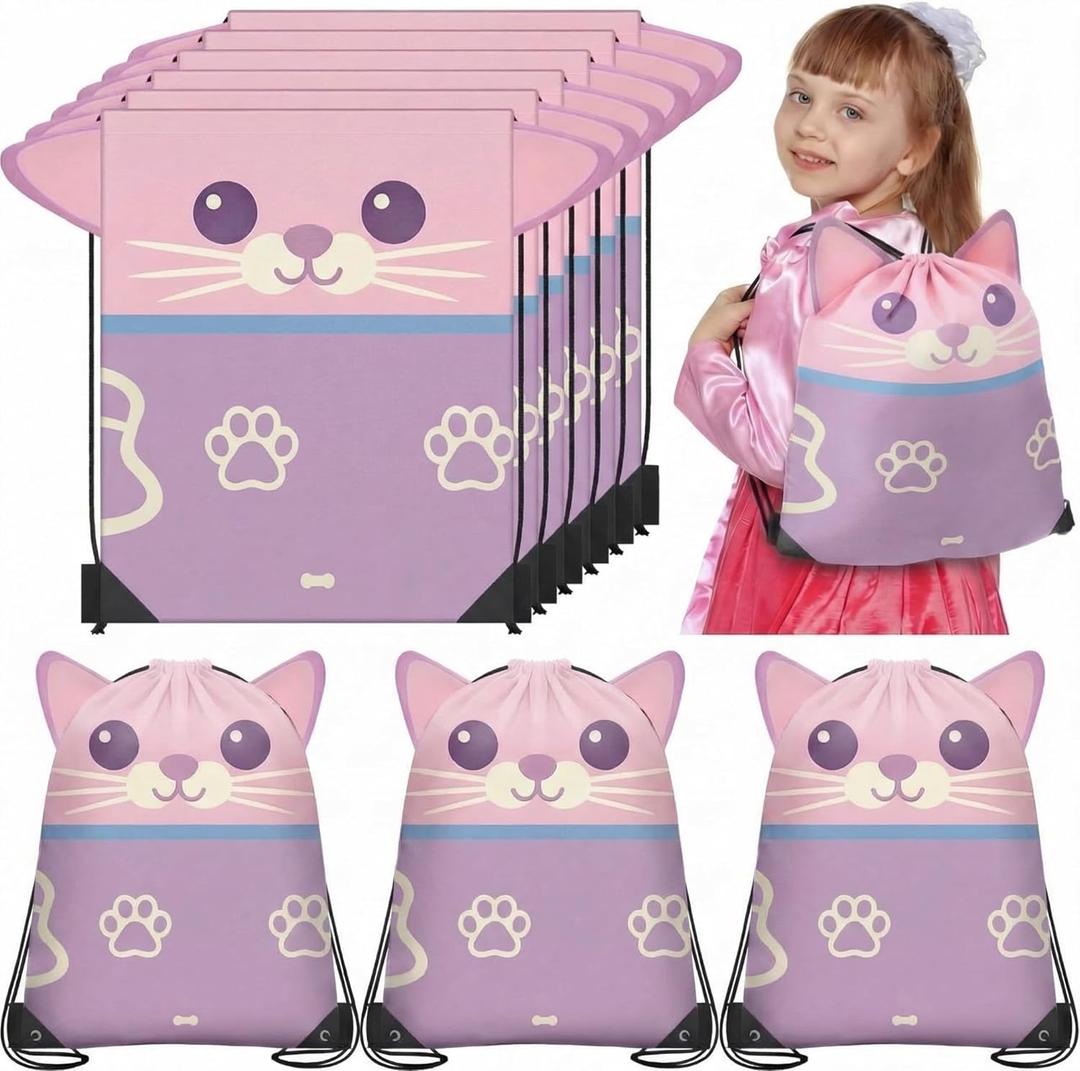 10 Pcs Cartoon Cat Doll House Themed Party Favor Packs, Cute Animation Cat Drawstring Backpack with Ear for Party Favors Candy Snack Gift Supplies for Kitten Themed Birthday Party Decoration