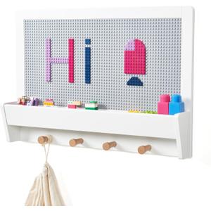 UTEX 2 in 1 Building Block Wall Panel for Kids with Shelf and Hooks, Wood Wall Shelf for Playroom, Nursery, 57.5 cm L x 40 cm W x 9.8 cm H