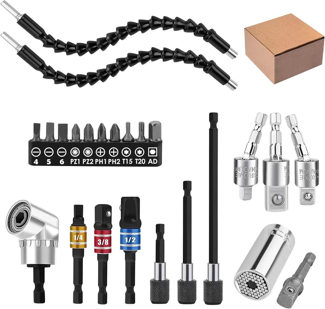 24pcs Flexible Drill Bit Extension Set, 105Right Angle Drill Attachmen, Rotatable Joint Socket 1/4 3/8 1/2 Inch Hex Socket Adapter Socket Screwdriver with a Box (Black)