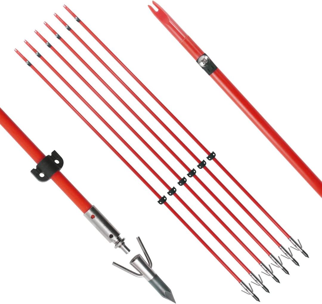 TIGER ARCHERY 34inch Bowfishing Arrows Solid Fiberglass Shaft with Broadhead for Compound Bow and Recurve Bow Fishing Arrow Archery and Hunting (Pack of 6)
