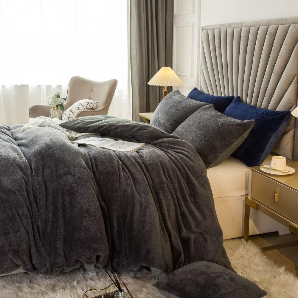 Velvet Plush Shaggy Duvet Cover Set,Luxury Ultra Soft Fluffy Duvet Cover Set,Winter Fuzzy Duvet Cover Set, (1 Faux Fur Duvet Cover +2 Faux Fur Pillow,Full/Queen,Dark Gray)