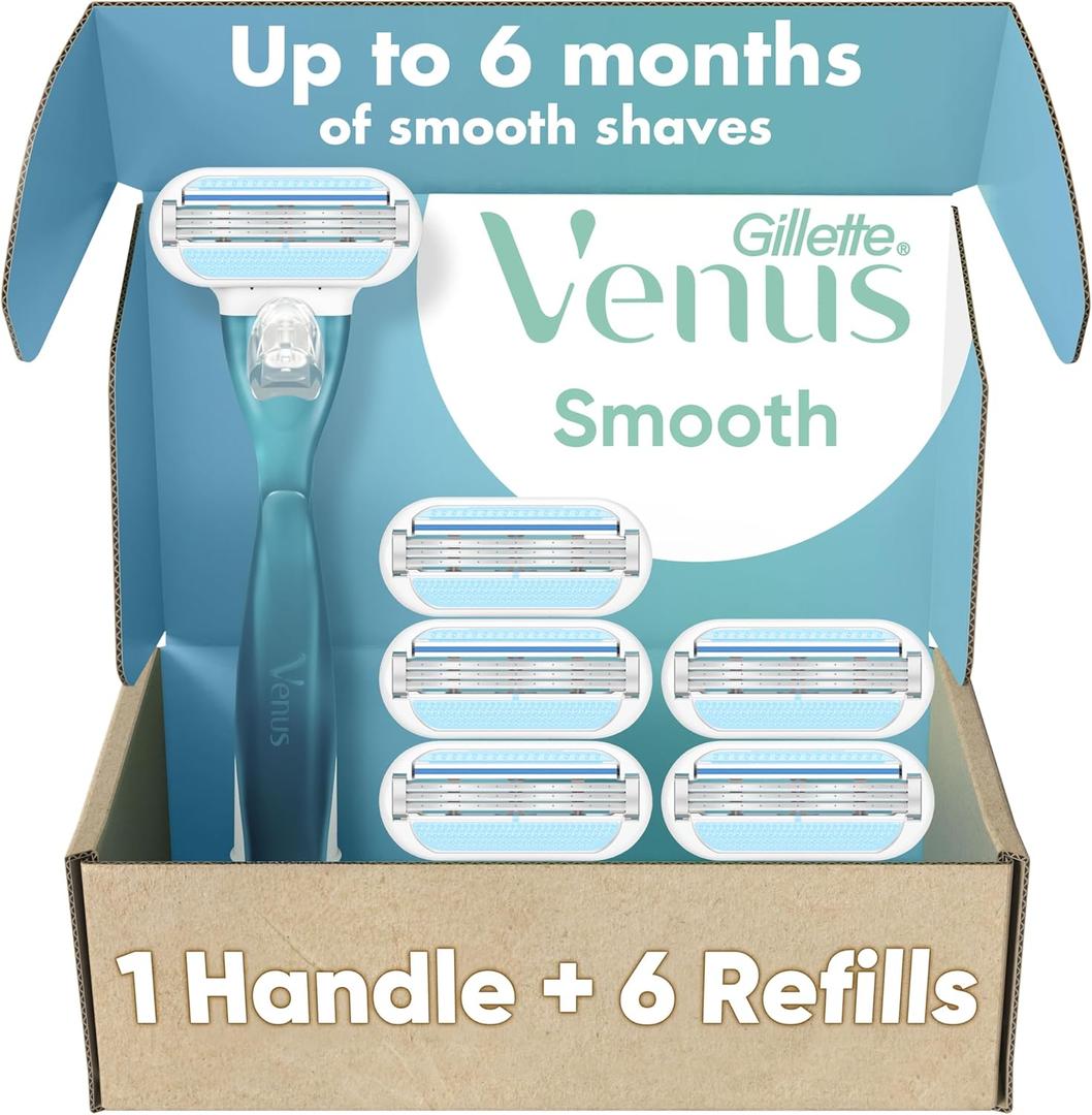 Gillette Venus Smooth Women's Razor 1 Handle + 6 Refills with Soft-Grip Gel Handle