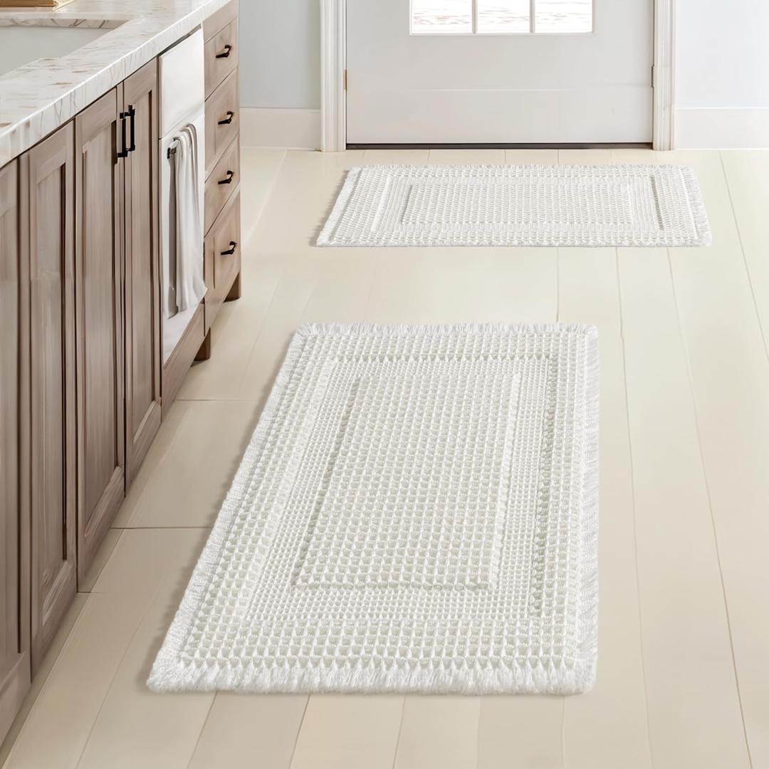 MIULEE Set of 2 Waffle Bathroom Rugs, Boho Bath Rug Super Absorbent, Non Slip Washable Ultra Soft Rubber Backed Shower Bath Mats for Floor, Tub, Shower, Looped Design, White, 17x24 Inch