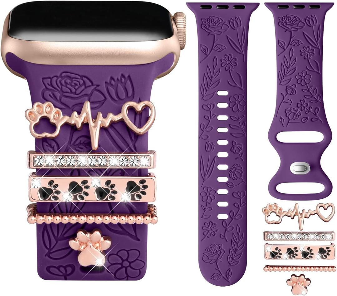 DaQin Flower Engraved Band Compatible with Apple Watch 44mm, 42mm, 45mm, 46mm for Women - Soft Silicone Band With Decorative Apple Watch Charms for iWatch Series 10, 9, 8, 7, 6, 5, 4, 3, 2, 1 SE