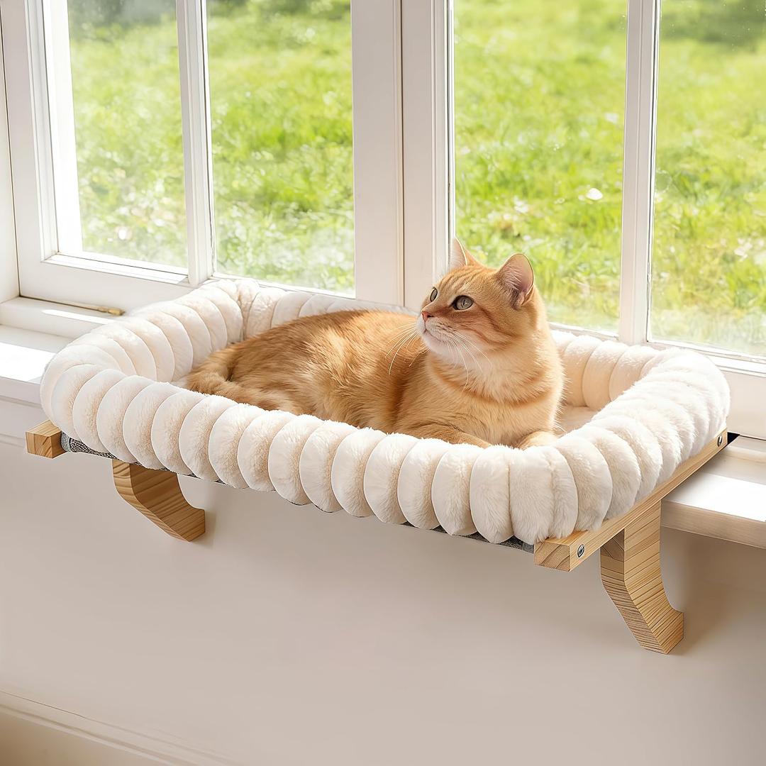 Zoratoo Cloud-Cuddle Cat Perch for Window Sill with Bolster, Natural Wood & Metal Frame Cat Window Seat for Large Cats, Easy to Adjust Zipper Cushion Pet Bed for Windowsill (Medium)