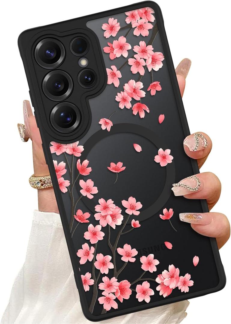 ZIYE Magnetic Case for Samsung Galaxy S25 Ultra 6.9 Inch [Compatible with MagSafe] Hard PC and Soft TPU Case with Cherry Blossom Pink Floral Anti-Scratch Shockproof Protection Phone Cover for Women