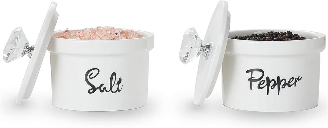 HAOTOP Salt and Pepper Bowls with Crystal Lid, 12.5 oz Ceramic Salt Pepper Container for Countertop,Farmhouse Kitchen Decor, Set of 2 (Silver)