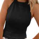 EVALESS Womens Tank Tops Summer Ribbed Knit Racerback High Neck Halter Crop Tops Blouses Sleeveless Slim Basic Cami Shirts (X-Large, Black)