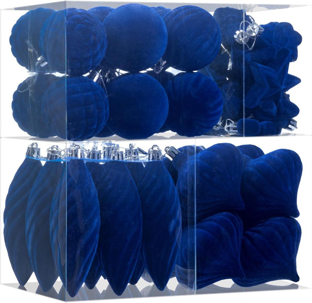 48Pcs Blue Velvet Christmas Ornaments Set, Assorted Flocked Christmas Baubles Decorations, Shatterproof Christmas Balls Hanging Decor for Xmas Tree/Home/Party/Holiday (Blue)