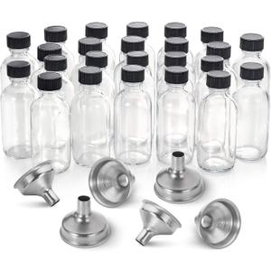 24 Pack, 2 oz Small Clear Glass Bottles w/ Lid & 6 Stainless Steel Funnels - 60ml Boston Sample Bottles - Mini Travel Essential or Decorative Bottles for Potion, Juice, Wellness, Ginger Shots, Whiskey
