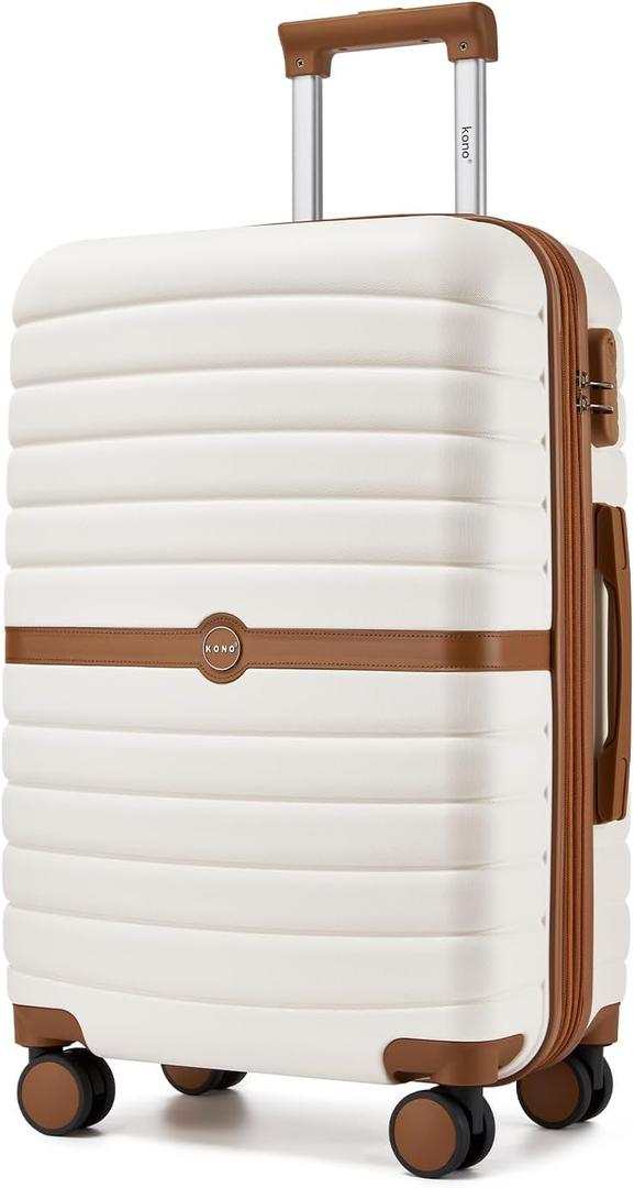 Kono Expandable 24 Inch Luggage with Spinner Wheels, Medium Checked Luggage with Lock, Lightweight & Anti-Scratch PC+ABS Hardshell Travel Suitcase, White/Brown