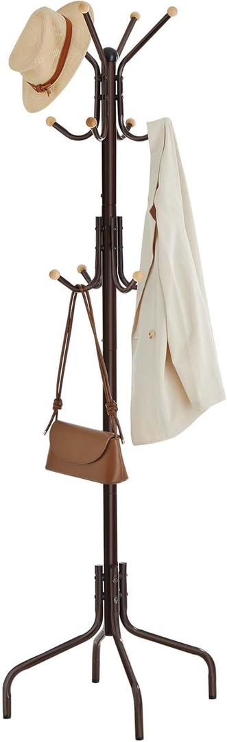 SONGMICS Coat Rack Freestanding, Metal Coat Rack Stand with 12 Hooks and 4 Legs, Holds Clothes, Hats, and Bags, for Entryway, Living Room, Bedroom, Brown URCR031Z01