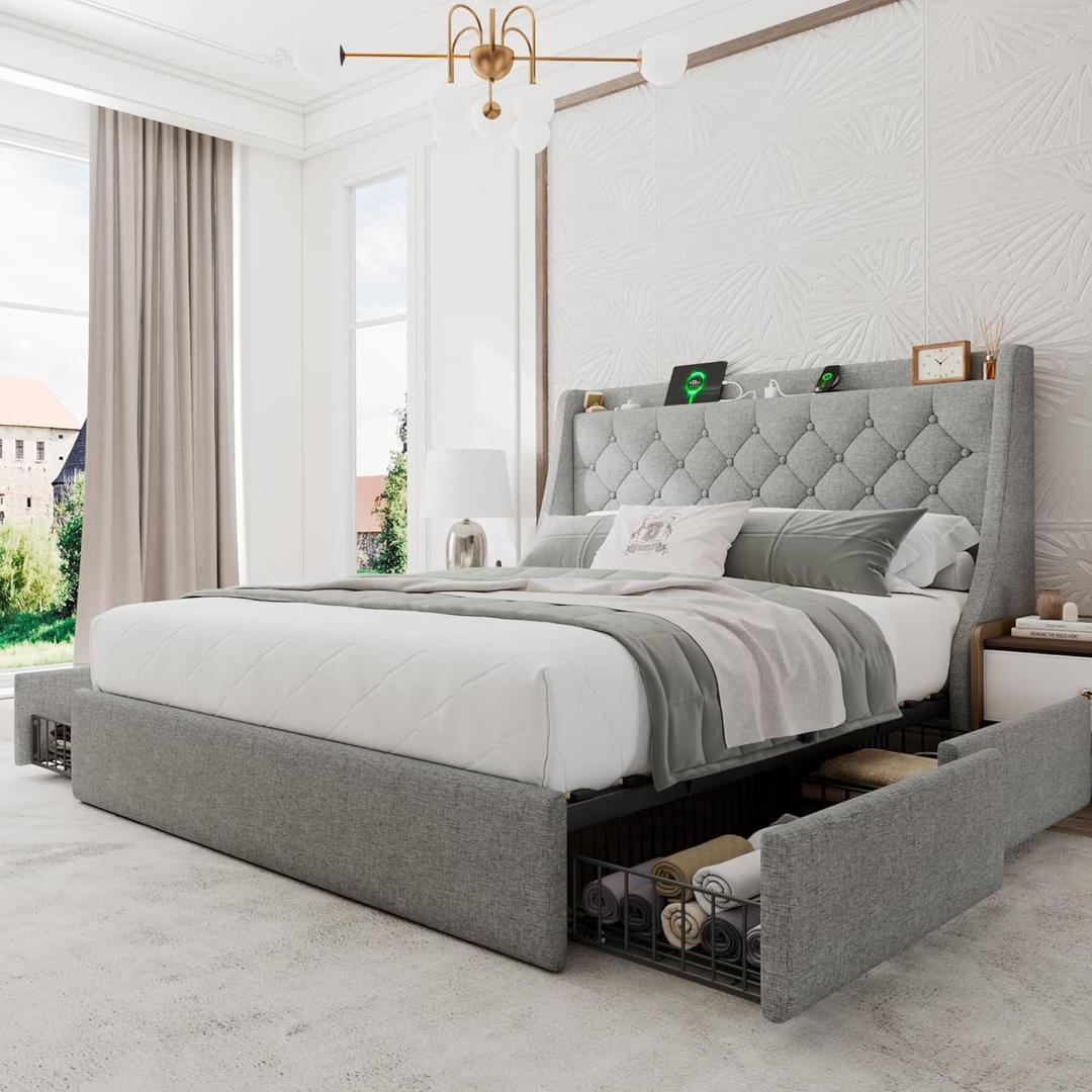 Upholstered Queen Bed Frame with 4 Storage Drawers, Platform Bed Frame with Wingback Headboard, Charging Station, No Box Spring Needed, Light Grey