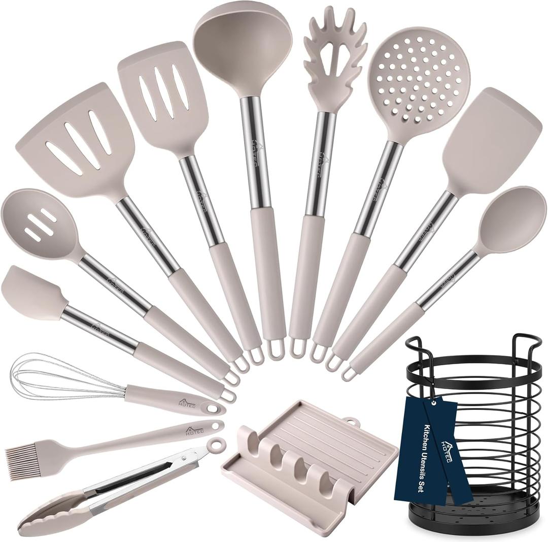 HOTEC Heat Resistant Silicone Kitchen Utensils, Cooking Utensil Set, Spatula Set, BPA Free, Kitchen Gadgets, With Stainless Steel Utensils Holder, Dishwasher Safe 14pcs Khaki