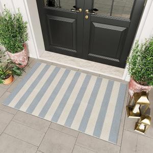 OJIA Washable Outdoor Rug 3'x5', Blue/White/Tan Outdoor Area Rug Entryway Rugs Indoor Door Mat Front Porch Rug Cotton Small Checkered Rug Floor Carpet for Entry/Patio/Bedroom/Living Room