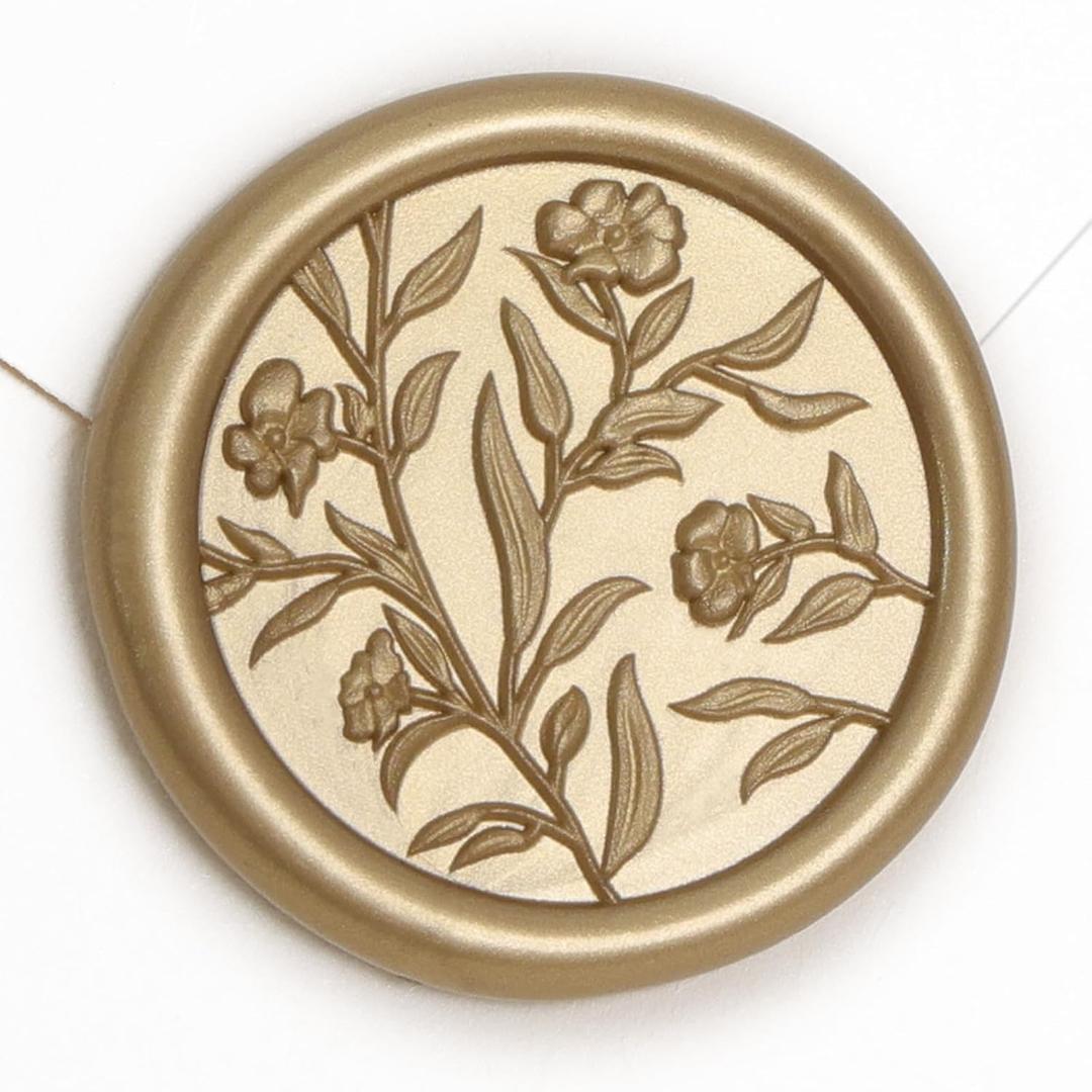 UNIQOOO Wax Seal Stickers - 3D Floral Wedding Invitation Envelope Seal Sticker, 50 Pcs Self- Adhesive Prosecco Metallic Light Gold Flower Stickers, Perfect for Invitation, Christmas, Gift Wrapping