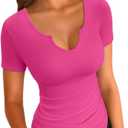 VICHYIE Womens Tops V Neck Summer Short Sleeve Casual Slim Fitted Tshirt (Small, Hot Pink)