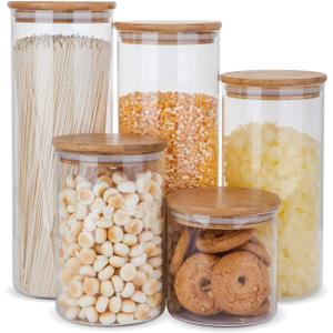 Glass Food Storage Containers Set,Airtight Food Jars with Bamboo Lids - Set of 5 Kitchen Canisters For Sugar,Candy, Cookie, Rice and Spice Jars