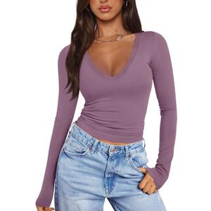 PINKMSTYLE Women Sexy V Neck Lace Long Sleeve Shirts Basic Fitted Double Lined Going Out Y2K Trendy Fall Tops (Purple) M