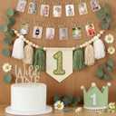 1st Birthday Highchair Banner Decorations Wild One High Chair Banner With Green Tassel Garland Crown Hat Wild One Cake Topper Baby Photo Banner Photoshoot Props Photo Props(Green)