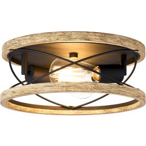 Flush Mount Light Fixture, 12-inch Farmhouse Ceiling Light Fixture with Wood, 2-Light Rustic Hallway Ceiling Lighting, Solid Wood Walnut Finish, MX99982-B