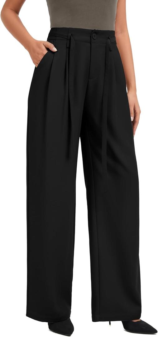 FUNYYZO Wide Casual Pants Women's High Elastic Waisted Business Work Trousers Long Pants J-Black (Black)