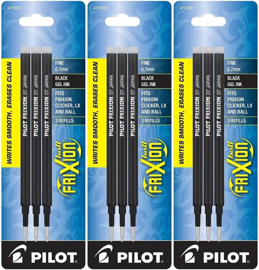 Pilot FriXion Gel Ink Refills for Erasable Pens, Fine Point, Black Ink, 9 Refills (77330)