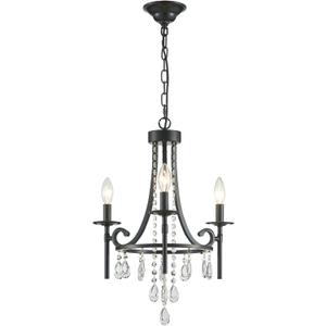 Small Crystal Chandelier, 3-Lights Modern Black Chandeliers for Dinning Room, Wagon Wheel Black Chandelier, Farmhouse Hanging Pendant Light Fixture for Bedroom Hallway Entryway Bar Kitchen Bathroom