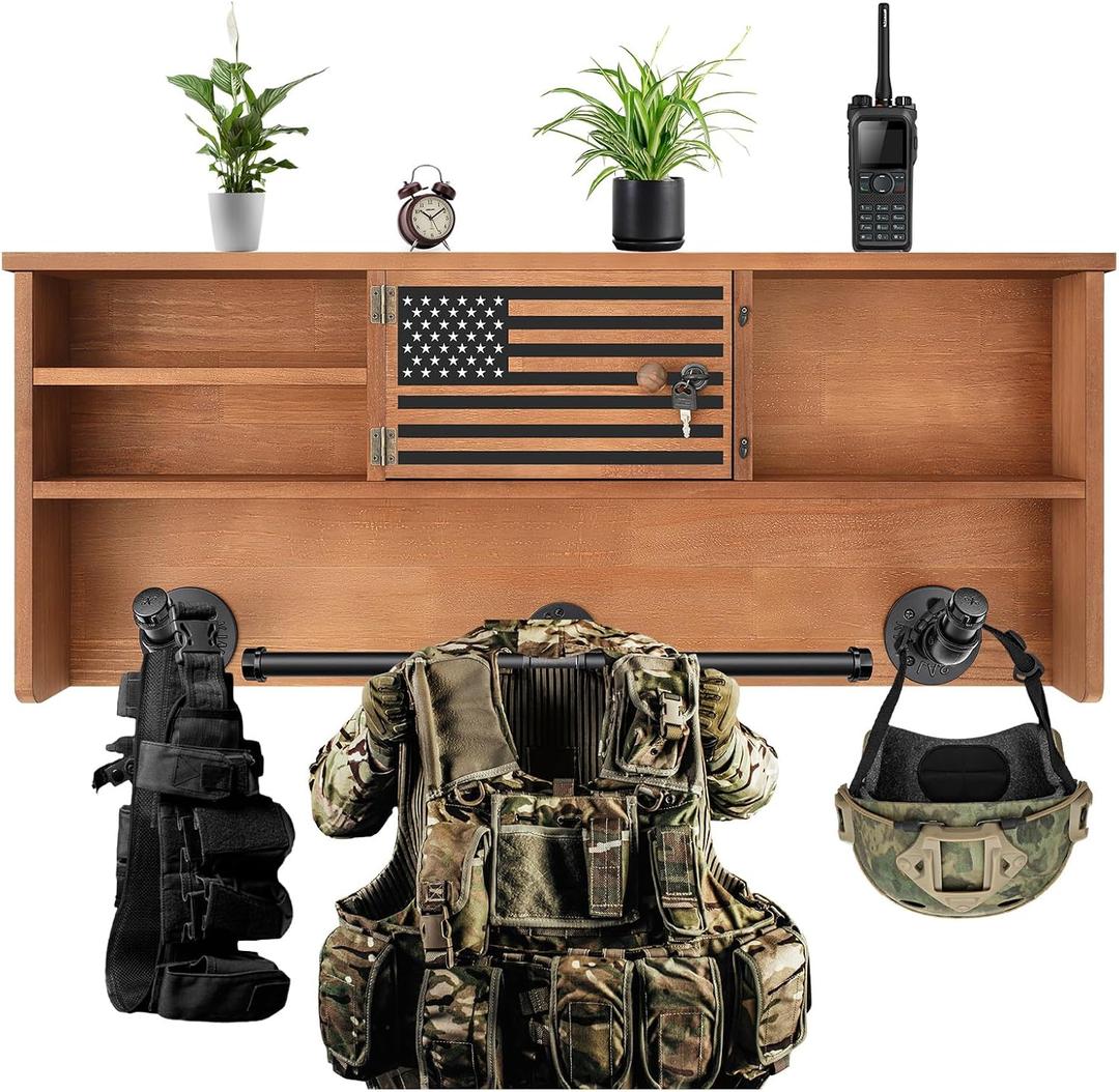 DoubleFill Police Gear Rack Police Vest Hanger Wall Mounted, USA Flag Tactical Gear Stand with Gun Safe Storage, Law Enforcement Organizer Accessories for Men Officer Gifts, Walnut, Locker