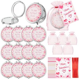 BreezeHug 12 Set Valentine Compact Mirror Gift Bulk, Pocket Mirror with Valentine's Cards and Organza Bag for Galentine's Day Women Her Teachers Staff Coworkers