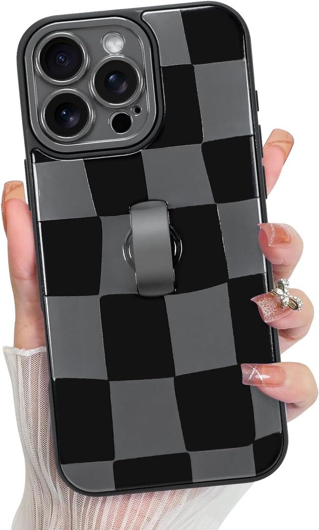 KANGHAR Compatible with iPhone 16 Pro Case, Silicone Checkered Cute Pattern, Wristband Kickstand Camera Protection Soft Slim Cover for Girls Women -White