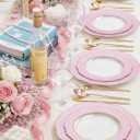 WDF 60Pcs Pink Plates Disposable with Gold Rim - Baroque Clear Pink and Gold Plastic Party Plates Ideal for Wedding/Baby Shower/Spring/Mother's Day