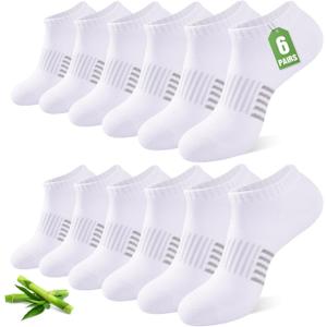 Ankle Socks for Women, 6/12 Pairs Bamboo Viscose Breathable Cushioned Moisture Wicking Athletic Running Casual Low Cut Socks, White 8-11