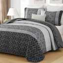 Cottolester Boho Quilt Set Full Size 3 Pieces,Grey Striped Plaid Bedspread,Soft Microfiber Bedding Set with 2 Pillow Shams 78"x90"