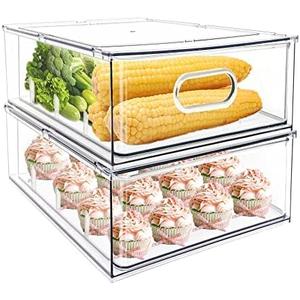 MineSign 2Pack Stackable Fridge Drawers Pull-Out Bins Divided Produce Saver Containers for Refrigerator Storage Organizers for Veggie Fruit Berry Pantry Cabinet Makeup Clothes