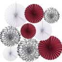 9PCS Burgundy Crimson Maroon White Silver Paper Streamers Flower Fans Hanging Party Backdrop Birthday Bridal Wedding Shower Bachelorette Anniversary Graduation Christmas Party Dcor (16")